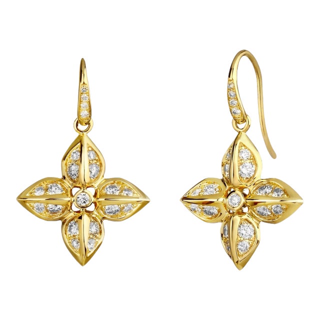 Syna Yellow Gold Love Flower Earrings with Diamonds, a Pair For Sale