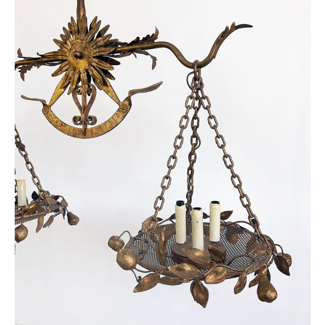Mid 20th Century Italian Gilt Floral Tole Hanging Scales of Justice Chandelier For Sale In Miami - Image 6 of 8