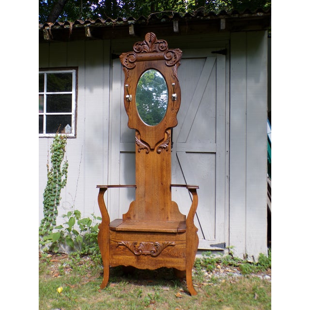 Antique Arts & Crafts Solid Oak Hall Tree Entry Bench Beveled Mirror Coat Rack For Sale - Image 12 of 14