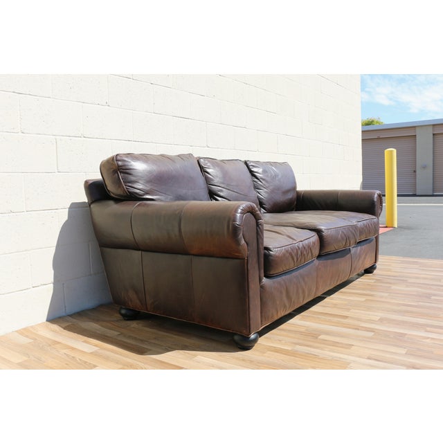 Restoration Hardware Brown Leather Three-Seat Sofa | Vintage Modern Down-Filled Cushions For Sale - Image 9 of 18