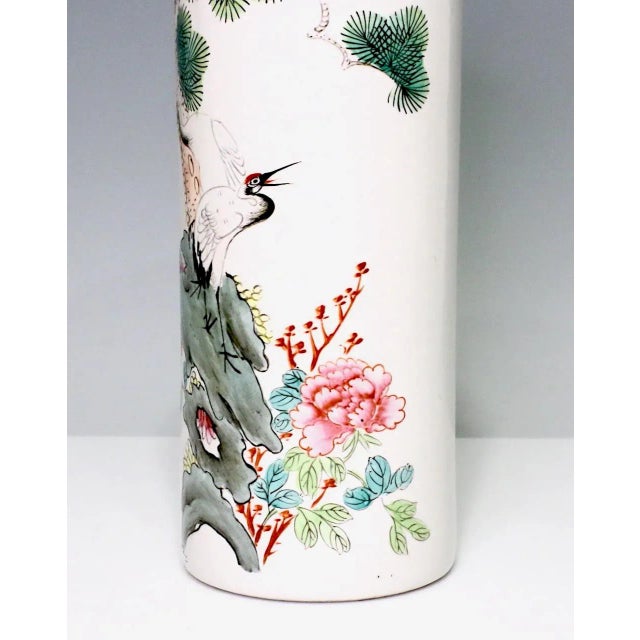 Large Chinese Republic White Porcelain Cylinder Vase, Hat Stand With Red Crowned Cranes on Wood Display Stand For Sale - Image 9 of 11