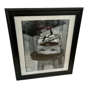 Hadassah Zuberi 1966 Gouache Painting on Paper Still Life With Antique Coal Iron on a Chair, Framed