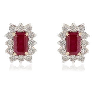 Classic Mozambique Natural Ruby & Diamond Halo Stud Earrings in 14k Yellow Gold- 2 Pieces For Sale