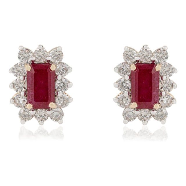 Classic Mozambique Natural Ruby & Diamond Halo Stud Earrings in 14k Yellow Gold- 2 Pieces For Sale