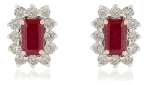 Classic Mozambique Natural Ruby & Diamond Halo Stud Earrings in 14k Yellow Gold- 2 Pieces