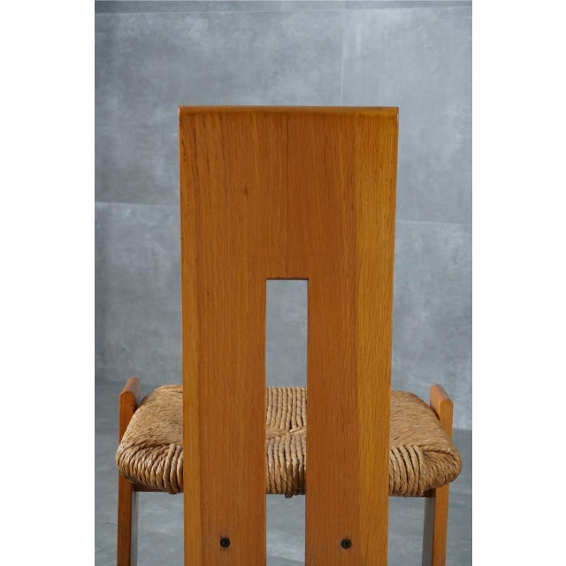 Postmodern Sculptural Oak and Rush Seat Dining Chairs, 1970s, Set of 4 For Sale - Image 12 of 13