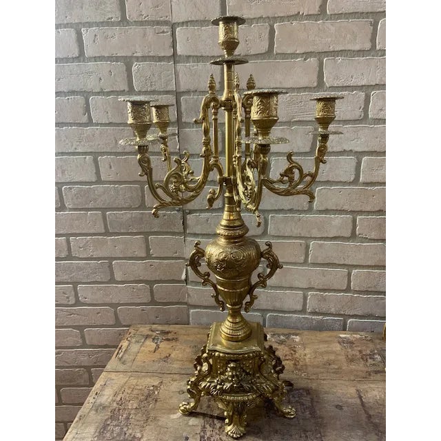Antique French Rococo Revival Bronze Garniture Clock Set With Candelabras For Sale In Chicago - Image 6 of 11