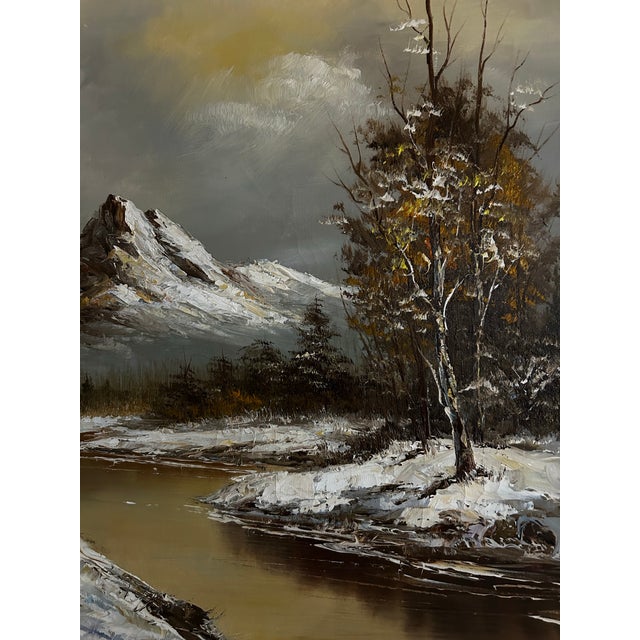 Vintage Mid Century Original Large Landscape Oil Painting of Snowy Mountains in Black & Gold Frame For Sale - Image 4 of 8