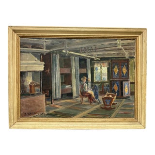 Mid-Century Oil Painting of Woman Working at Spinning Wheel by Thure Malmberg of Finland & Sweden For Sale