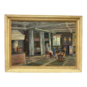 Mid-Century Oil Painting of Woman Working at Spinning Wheel by Thure Malmberg of Finland & Sweden