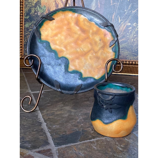 Louis Dage 1920s Louis Dage and Eugene Val French Art Deco Ceramic Pottery - Set of 2 Pieces, Platter and Cup, Famous Egg Yolk Glaze For Sale - Image 4 of 13