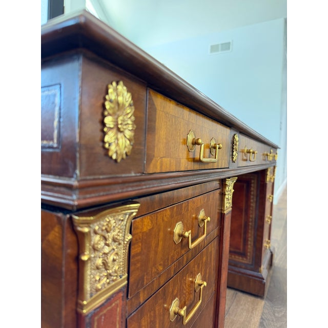 Brown 1980s Maitland-Smith Burl Wood Executive Desk With Leather Inset Top – Double Pedestal, Brass Hardware For Sale - Image 8 of 17