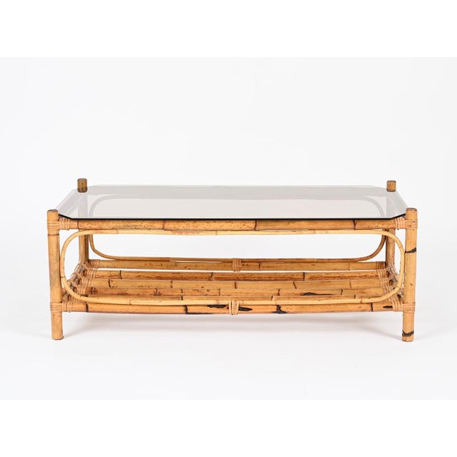 Large Italian Rectangular Coffee Table in Bamboo, Wicker and Smoked Glass, 1970s For Sale - Image 11 of 17