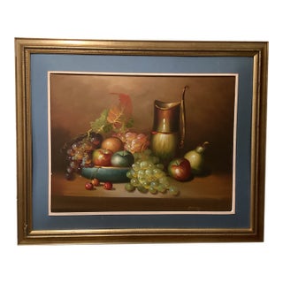 Vintage Original Still Life Oil Painting on Canvas Fruit and Wine Scene by Parkey For Sale