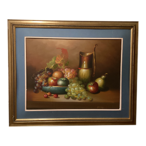 Vintage Original Still Life Oil Painting on Canvas Fruit and Wine Scene by Parkey