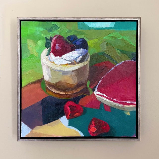 This artwork features a luscious cheesecake topped with fresh strawberries and blueberries, set against a vibrant,...