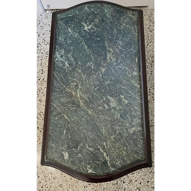 Elegant Vintage French Empire Style Cocktail Table in Brass Mahogany and Green Marble. Rectangular with curved ends.