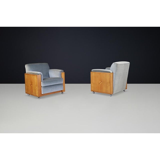 Wood Art Deco Dutch Armchairs with Inlay Motif in Oak and Velvet, 1930s, Set of 2 For Sale - Image 7 of 11