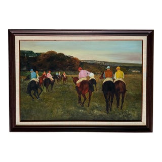 1970s Equestrian Oil Painting of Race Horses With Jockeys For Sale