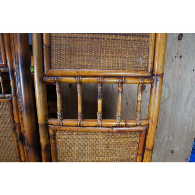 Brown Large Vintage 5 Panel Scorched Bamboo & Rattan Folding Screen Room Divider For Sale - Image 8 of 12