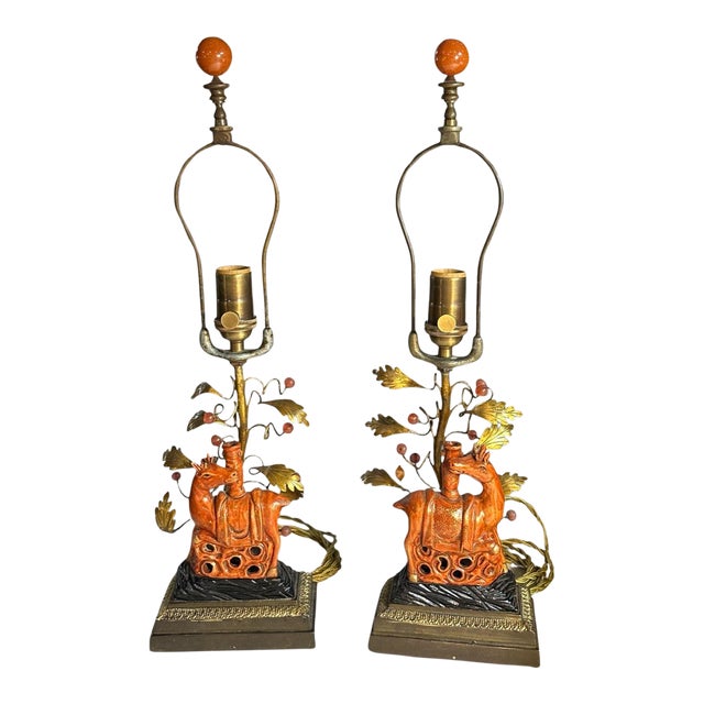 Pair of Chinese Ceramic Spotted Deer Joss Stick Holders Converted to Lamps by Nicholas Hayden, New York For Sale
