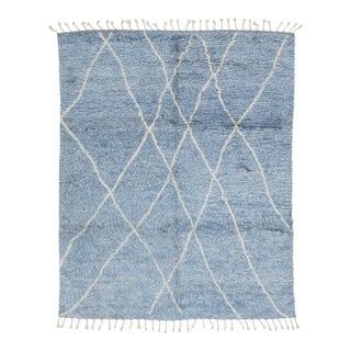 Handmade Moroccan Style Wool Rug With Soft Lattice Geometric in Denim Blue 8x10 For Sale