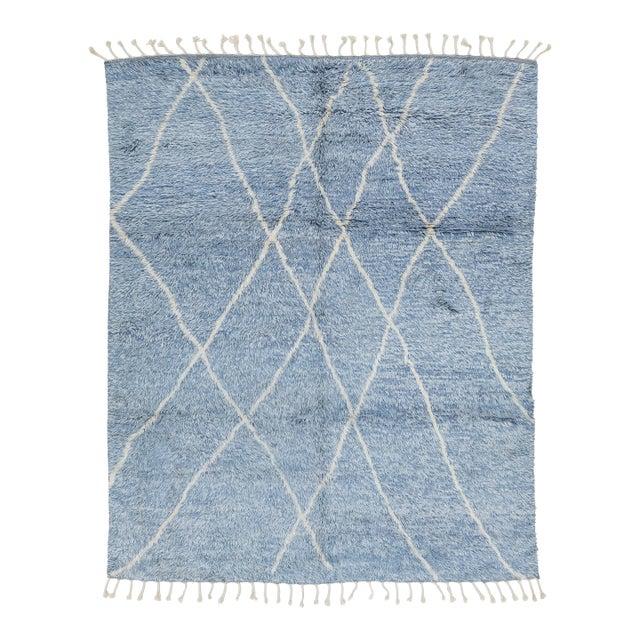 Handmade Moroccan Style Wool Rug With Soft Lattice Geometric in Denim Blue 8x10 For Sale