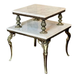 1940s French Gilded Brass and Carrera Marble Two Tier Side Table For Sale