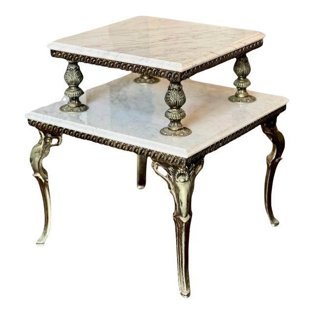 1940s French Gilded Brass and Carrera Marble Two Tier Side Table For Sale