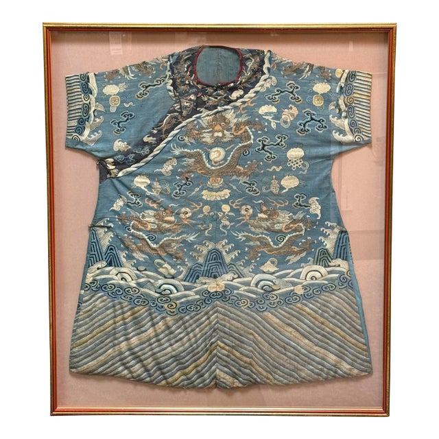 Qing Dynasty Blue Embroidered Silk Kimono, Framed For Sale