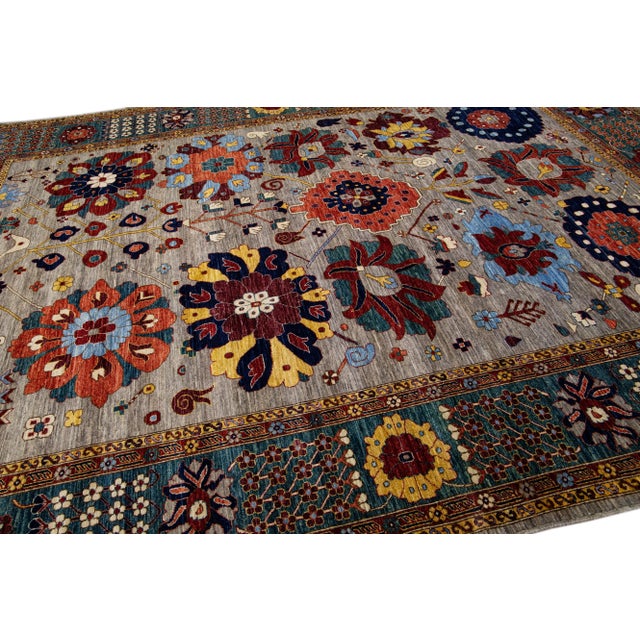 2020s Gray Modern Serapi Style Handmade Floral Designed Wool Rug For Sale - Image 5 of 10