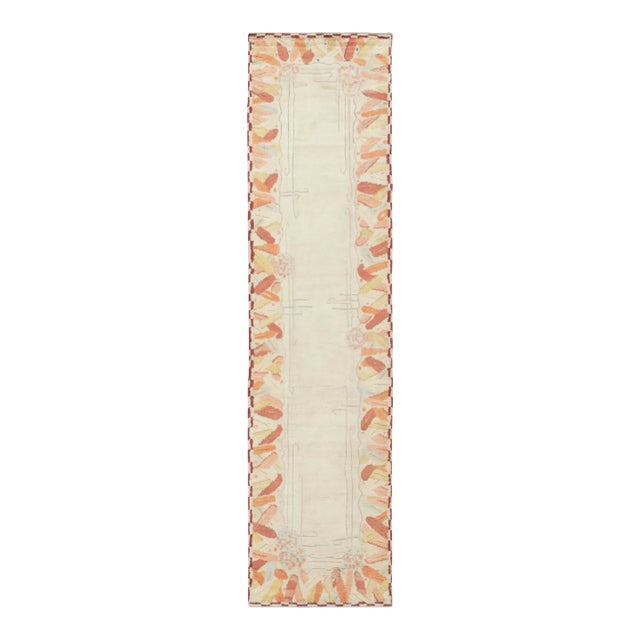 Rug & Kilim's Contemporary French Deco Runner With Beige Floral Border Design For Sale
