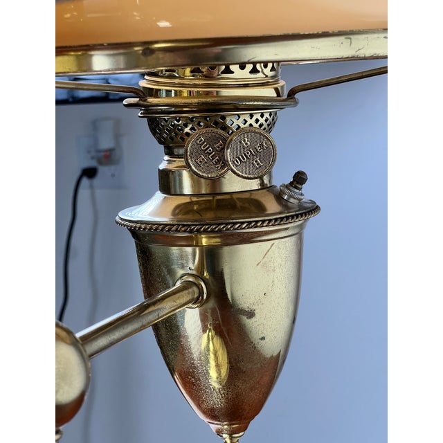 Antique Bradley and Hubbard Brass Double-Arm Student Lamp With Carmel Shades For Sale - Image 10 of 12