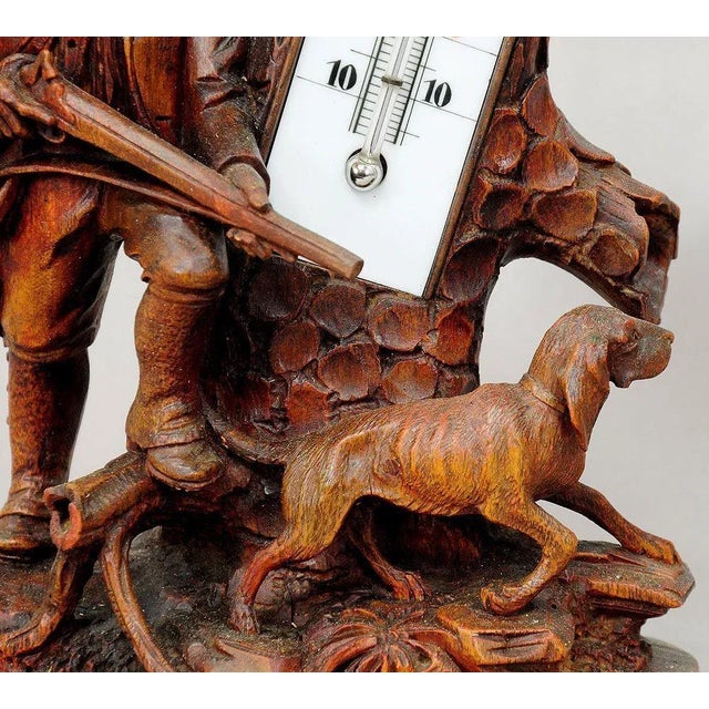 Carved Wood Thermometer Stand Hunter and Staghound, 1910s For Sale - Image 3 of 6