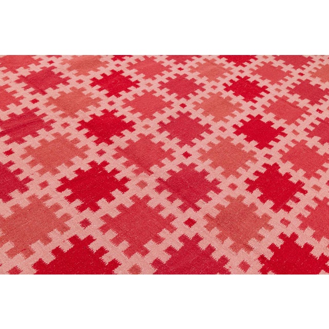 Textile 10x14 Modern Swedish-Style Flatweave Wool Rug – Terracotta & Crimson Geometric For Sale - Image 7 of 10