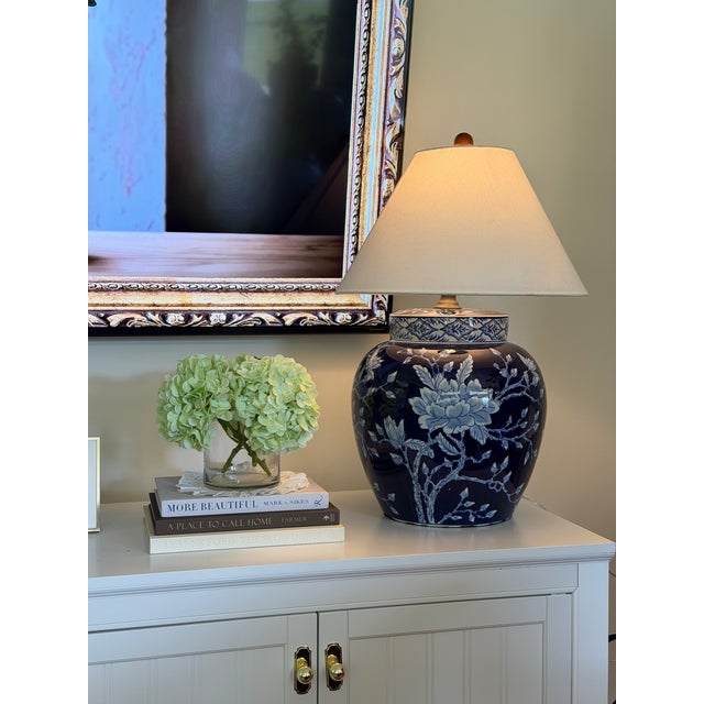 Dramatic extra-large cobalt blue and white Chinoiserie porcelain ginger jar table lamp decorated with sweeping flowering...