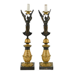 Pair of Neoclassical Revival Winged Victory Figural Lamps, Bronze Doré, 20th Century