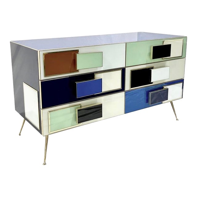 Italian Mondrian Style Blue Green White Brown Modern Brass Dresser/Chest For Sale