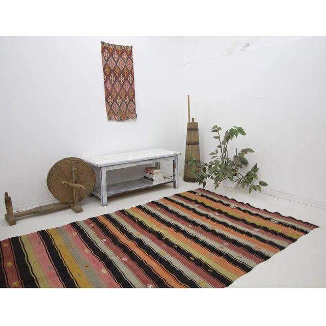 Striped Colorful Vintage Kilim Rug For Sale In Los Angeles - Image 6 of 7