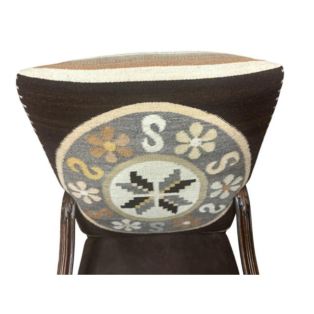 Chocolate Antique Hacienda Chair Upholstered With Vintage Zapotec Tapestry From Oaxaca and New Leather For Sale - Image 8 of 9