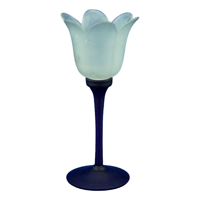 Tulip-Shaped Blue and White Murano Opaline Glass Vase by Alfedo Barbini, Italy, 1950s For Sale