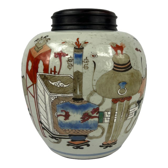 Antique Chinese Porcelain "Precious Object" Enamel Decorated Jar For Sale