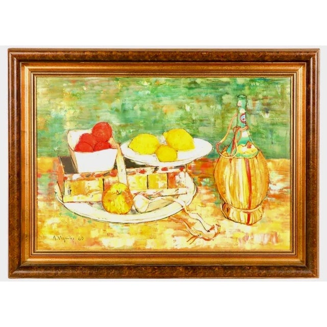 Post Impressionist André Vignoles, French Oil Painting Andre Vignoles Farm Kitchen, Wine Flask, Fruits, Vegetables For Sale - Image 3 of 10