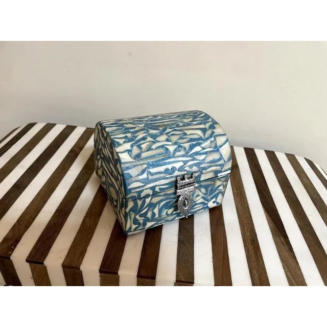 Blue Handmade Wooden Box With Metal and Resin–Unique Decorative Storage Chest for Jewelry & Keepsakes For Sale - Image 8 of 8