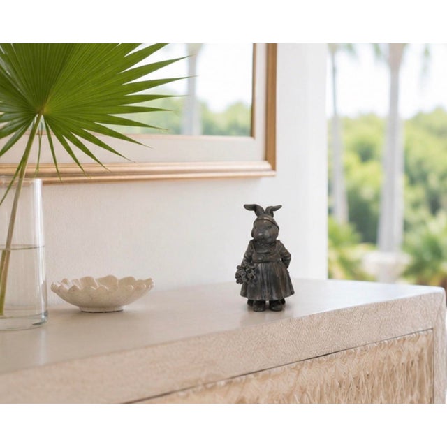 Slate Gray Vintage Cast Iron Anthropomorphic Rabbit Garden Statue With Bouquet For Sale - Image 8 of 12