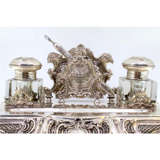 Silver Inkwell in Cut Silver with Shell Reliefs, Letter Holder, Pen and Feet For Sale - Image 8 of 9