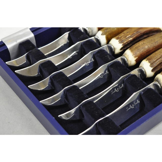 Late 20th Century Scully & Scully Arts & Crafts Natural Staghorn Handle Steak Knives - Set of 6 For Sale - Image 4 of 16