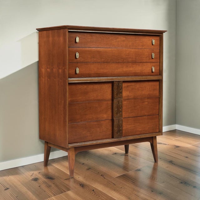 Bassett Bassett Aztec Mid-Century Modern Highboy Dresser Mayan Walnut For Sale - Image 4 of 13