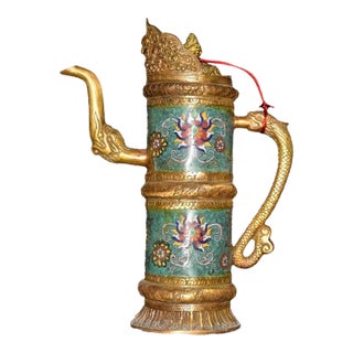 Vintage Asian Cloisonné Gilt Bronze Tibetan Butter Tea Pot - Himalayan Monk's Ewer For Sale
