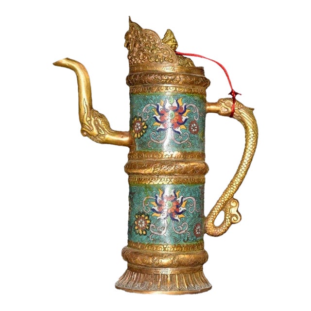 Vintage Asian Cloisonné Gilt Bronze Tibetan Butter Tea Pot - Himalayan Monk's Ewer For Sale